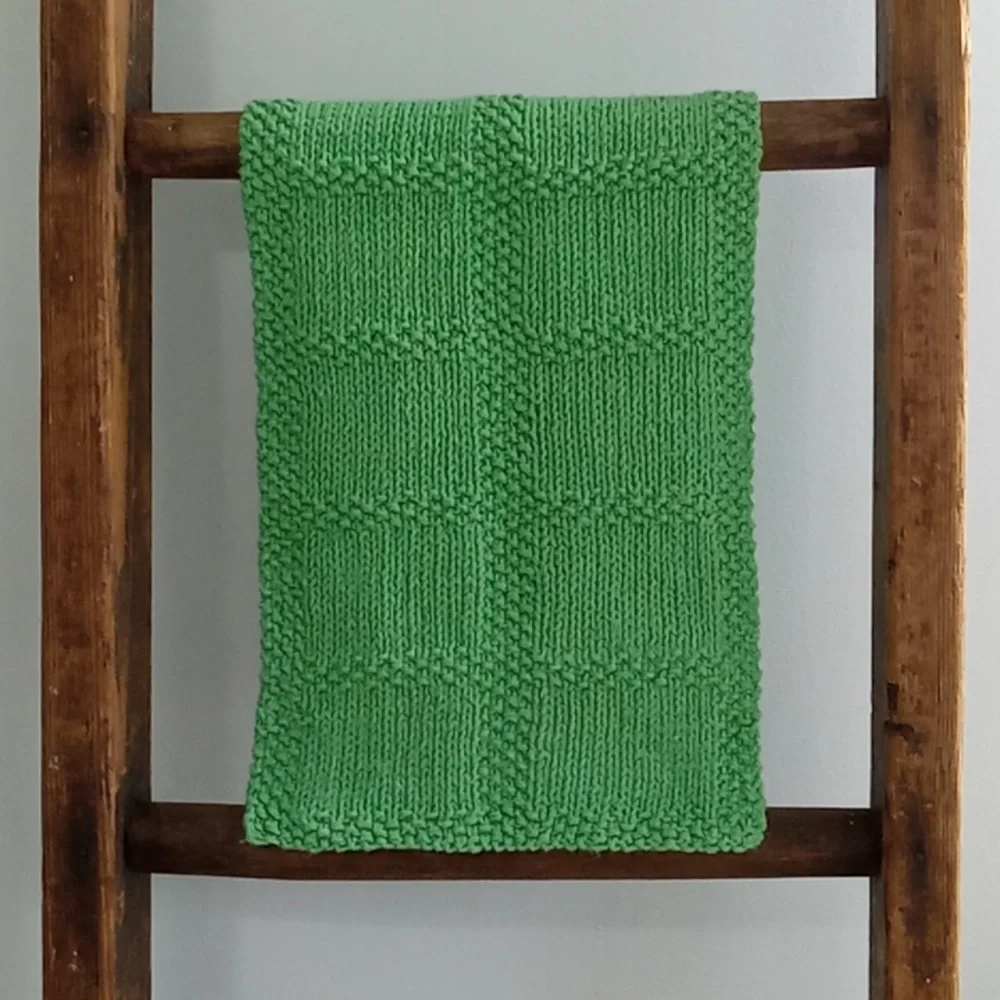 Hand Crafted Handknit Grass Green Textured Windowpane Design Hand Towel